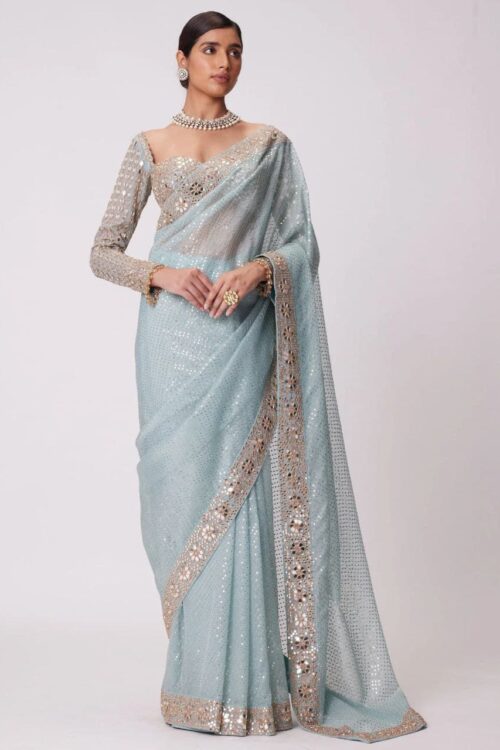 Faux Georgette with Mirror Work Saree & Blouse.