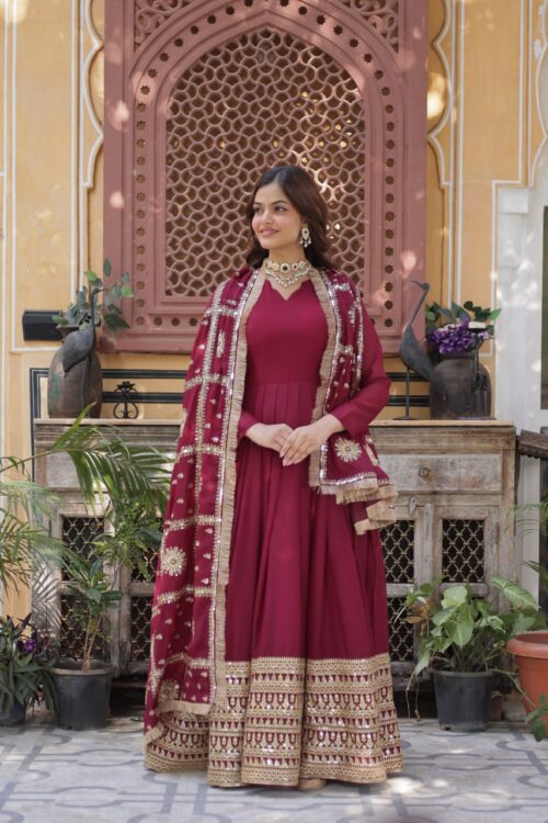 Ready made Fully stitched Star Georgette and Embroidery Zari Sequins-work Gown with designer lace border Work Dupatta. 