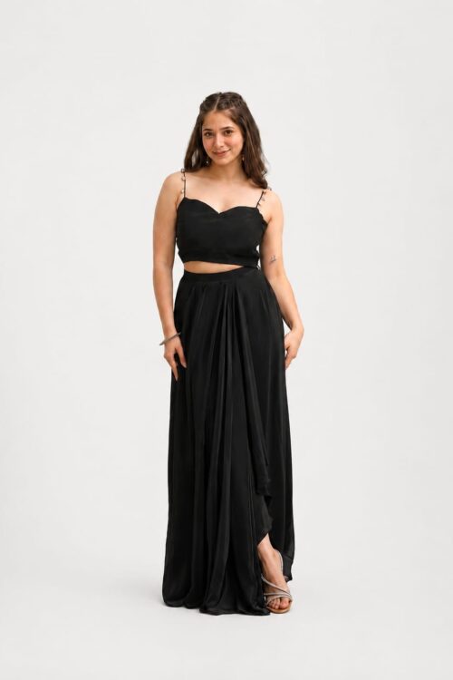 Ready made Party Wear Drape Skirt with choli and Shrug.