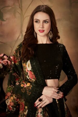 Black Floral Lehenga Choli with Sequin Blouse