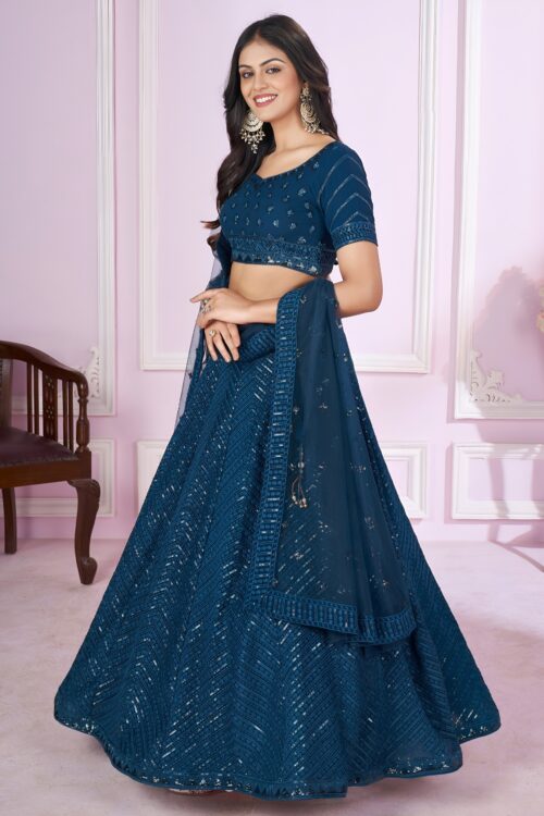 Teal Blue Sequins Embroidered Lehenga